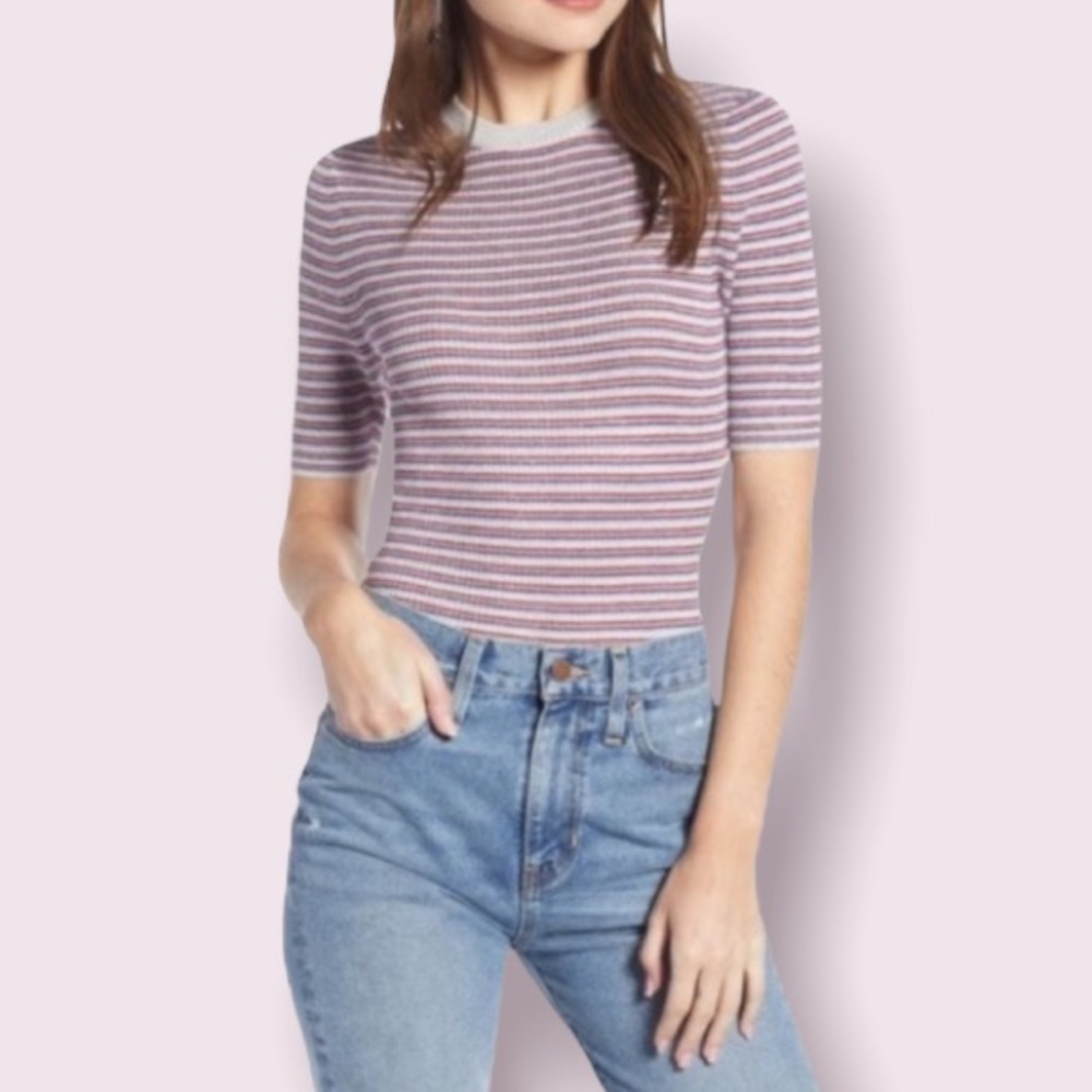 Something Navy Sparkle Stripe Pullover Top in Red, Blue and Silver